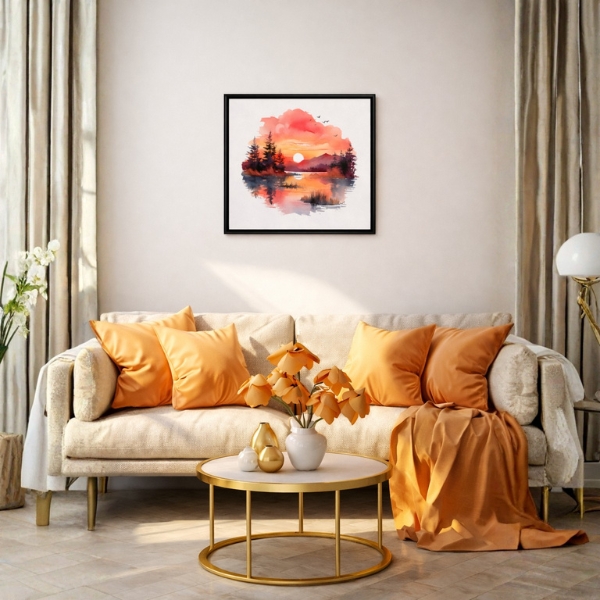 Sunset Lake Watercolor Art – Black Laminated Frame (SICR00206) - Image 2