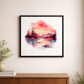 sunset-lake-watercolor-black-laminated-frame-20x16