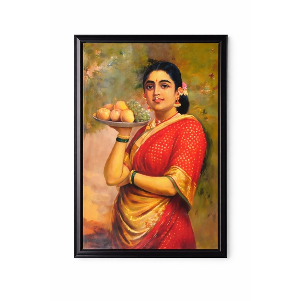 traditional-indian-woman-fruit-plate-laminated-wall-frame