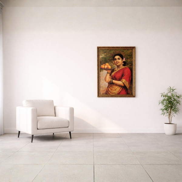 Traditional Indian Woman with Fruit Tray Wall Art – Classic Vintage Painting Frame (SICR00228) - Image 2