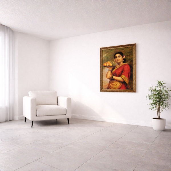 Traditional Indian Woman with Fruit Tray Wall Art – Classic Vintage Painting Frame (SICR00228) - Image 3